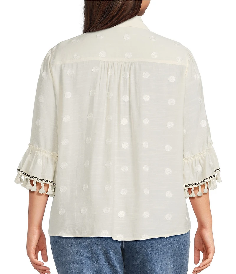 John Mark Plus Size Embroidered Dots Tassel Trim Point Collar 3/4 Sleeve Button Tie-Front Blouse