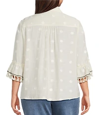 John Mark Plus Size Embroidered Dots Tassel Trim Point Collar 3/4 Sleeve Button Tie-Front Blouse