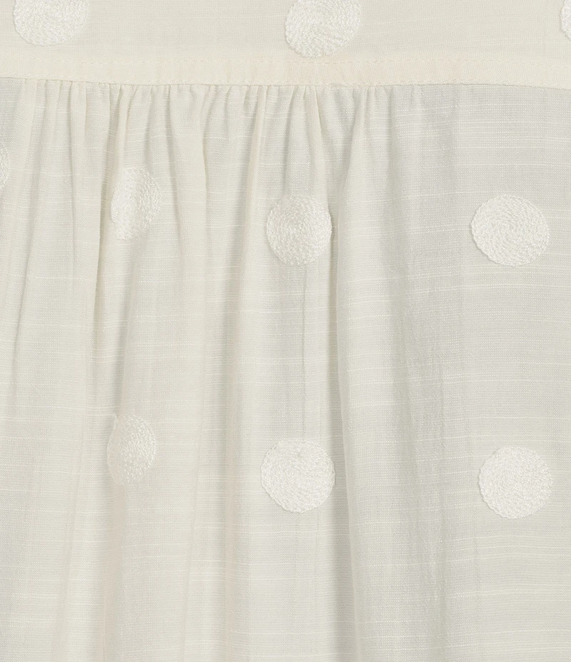 John Mark Plus Size Embroidered Dots Tassel Trim Point Collar 3/4 Sleeve Button Tie-Front Blouse