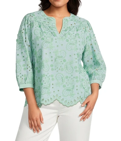 John Mark Plus Size Embroidered Eyelet Paisley Floral Leaf Split V-Neck 3/4 Blouson Sleeve Tunic