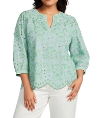 John Mark Plus Size Embroidered Eyelet Paisley Floral Leaf Split V-Neck 3/4 Blouson Sleeve Tunic