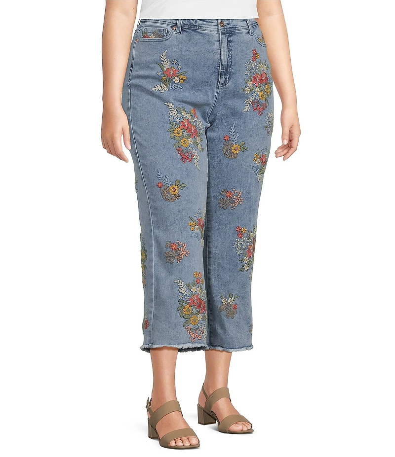 John Mark Plus Size Embroidered Floral Flare Crop Jeans