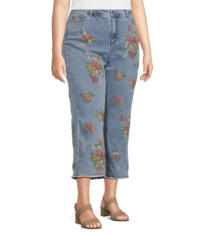 John Mark Plus Size Embroidered Floral Flare Crop Jeans