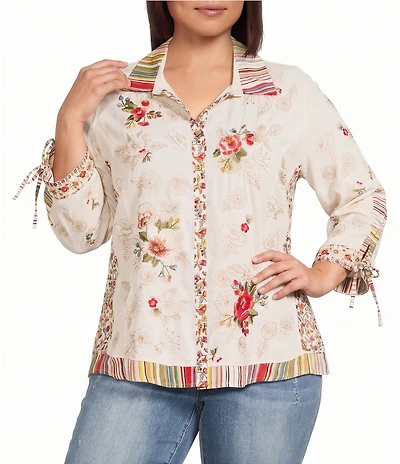 John Mark Plus Size Embroidered Floral Multicolor Stripe Point Collar 3/4 Cinched Sleeve Button-Front Shirt