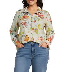 John Mark Plus Size Embroidered Floral Point Collar Long Roll-Tab Sleeve Button Front Blouse