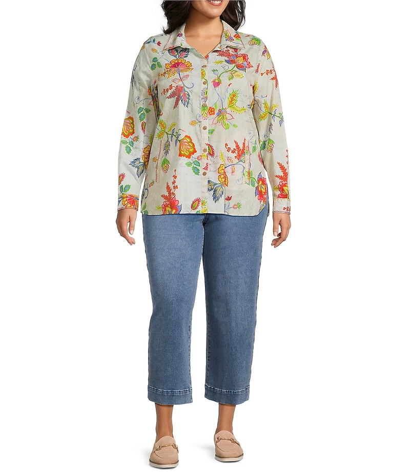 John Mark Plus Size Embroidered Floral Point Collar Long Roll-Tab Sleeve Button Front Blouse