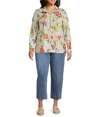 John Mark Plus Size Embroidered Floral Point Collar Long Roll-Tab Sleeve Button Front Blouse