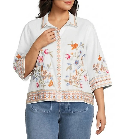 John Mark Plus Size Embroidered Floral Point Collar Short Sleeve Button-Front Blouse