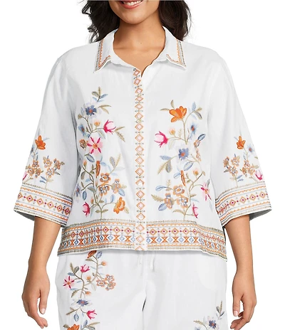 John Mark Plus Size Embroidered Floral Point Collar Short Sleeve Button-Front Blouse