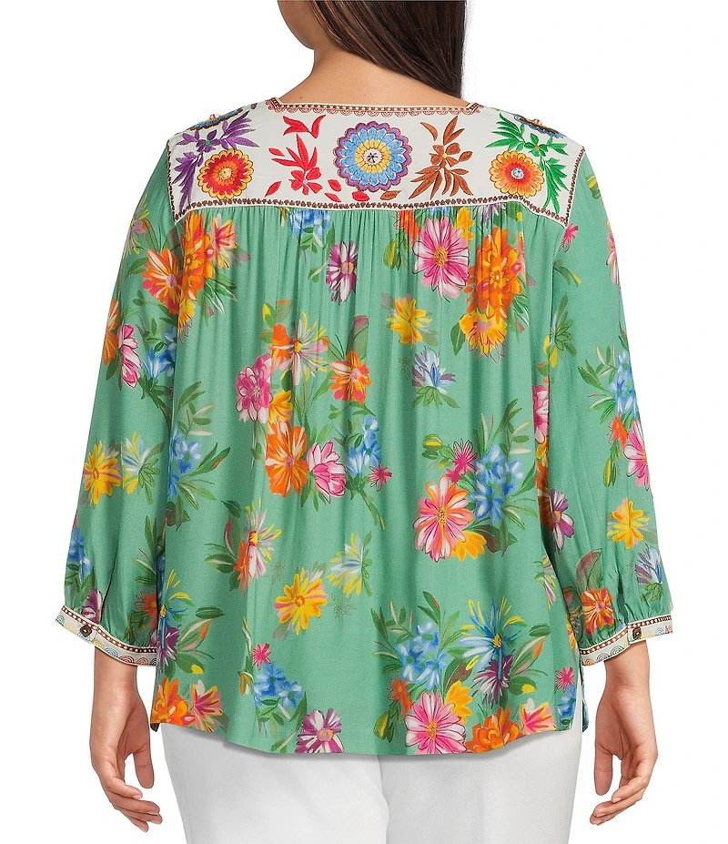 John Mark Plus Size Embroidered Floral Print Square Neck 3/4 Sleeve Peasant Top