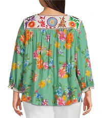 John Mark Plus Size Embroidered Floral Print Square Neck 3/4 Sleeve Peasant Top