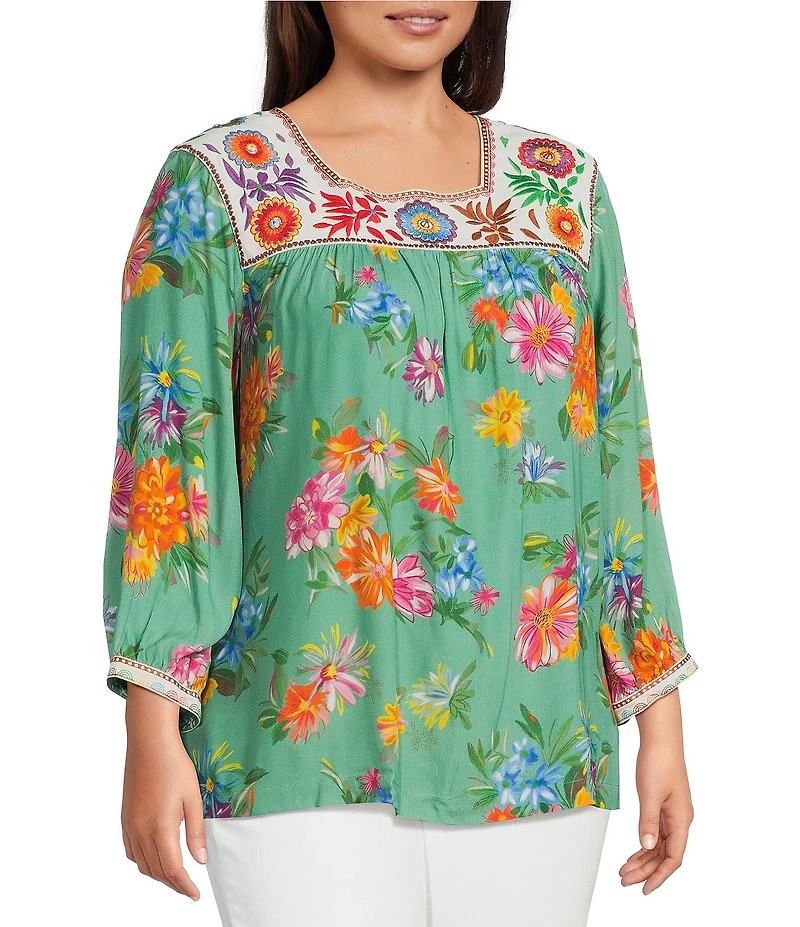 John Mark Plus Size Embroidered Floral Print Square Neck 3/4 Sleeve Peasant Top