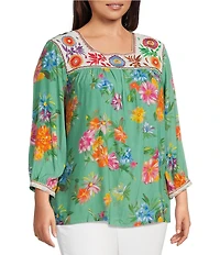 John Mark Plus Size Embroidered Floral Print Square Neck 3/4 Sleeve Peasant Top