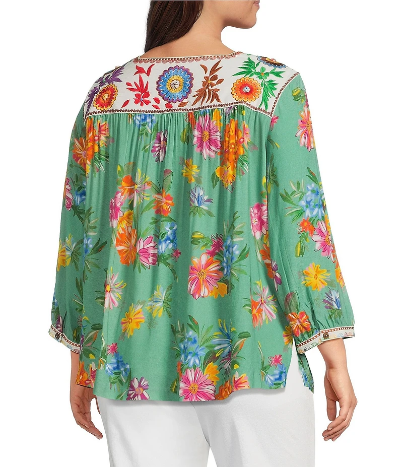 John Mark Plus Size Embroidered Floral Print Square Neck 3/4 Sleeve Peasant Top