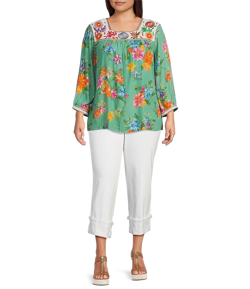 John Mark Plus Size Embroidered Floral Print Square Neck 3/4 Sleeve Peasant Top