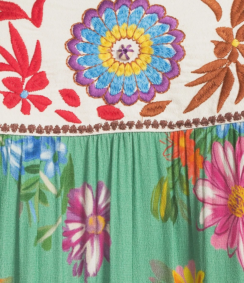 John Mark Plus Size Embroidered Floral Print Square Neck 3/4 Sleeve Peasant Top