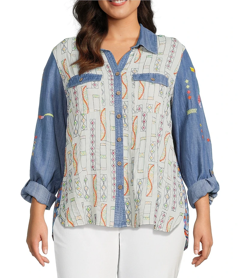 John Mark Plus Size Embroidered Floral Printed Point Collar Long Roll-Tab Sleeve Button Front Top