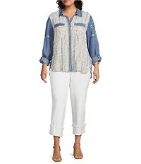 John Mark Plus Size Embroidered Floral Printed Point Collar Long Roll-Tab Sleeve Button Front Top