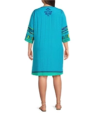 John Mark Plus Size Embroidered Floral Round Neck 3/4 Sleeves Shift Dress