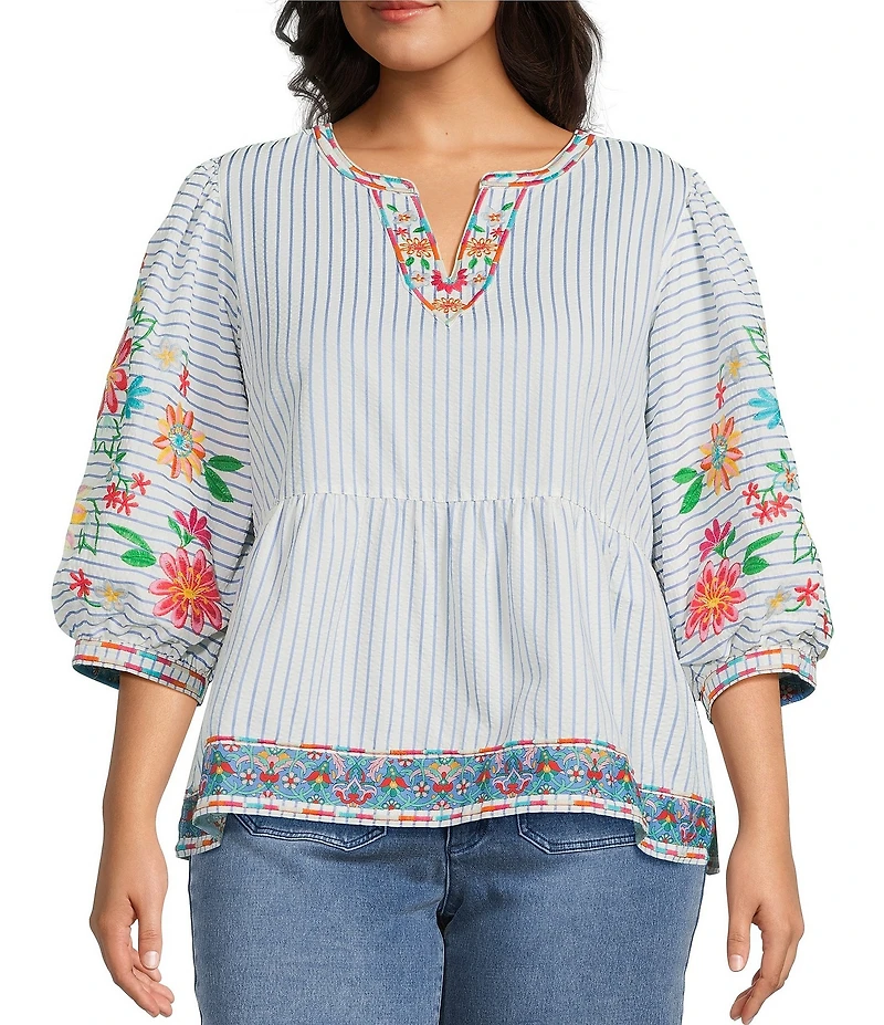 John Mark Plus Size Embroidered Floral Stripe Split V-Neck 3/4 Sleeve Top