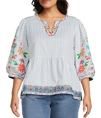 John Mark Plus Size Embroidered Floral Stripe Split V-Neck 3/4 Sleeve Top