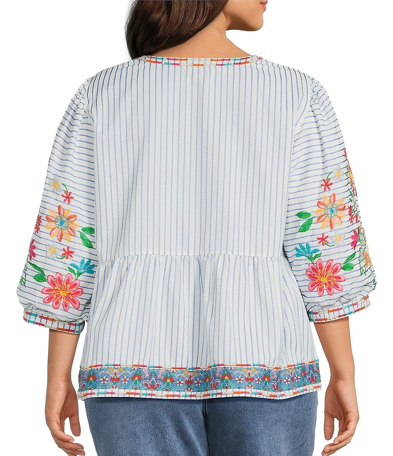 John Mark Plus Size Embroidered Floral Stripe Split V-Neck 3/4 Sleeve Top