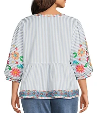 John Mark Plus Size Embroidered Floral Stripe Split V-Neck 3/4 Sleeve Top