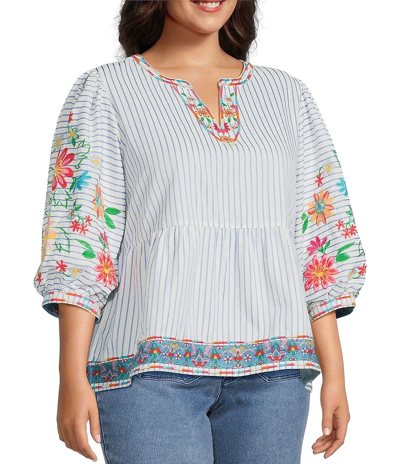John Mark Plus Size Embroidered Floral Stripe Split V-Neck 3/4 Sleeve Top