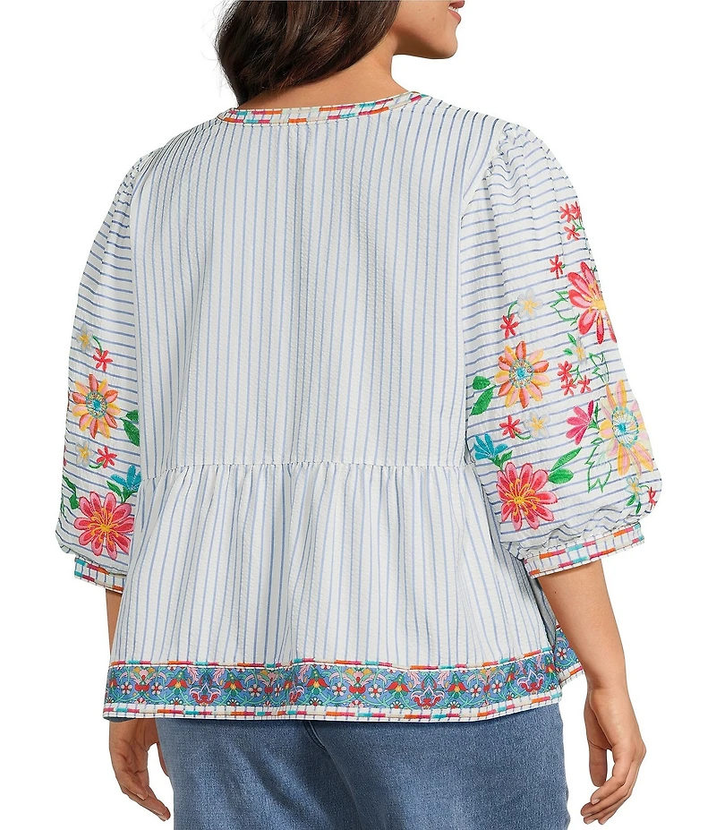 John Mark Plus Size Embroidered Floral Stripe Split V-Neck 3/4 Sleeve Top