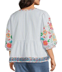 John Mark Plus Size Embroidered Floral Stripe Split V-Neck 3/4 Sleeve Top