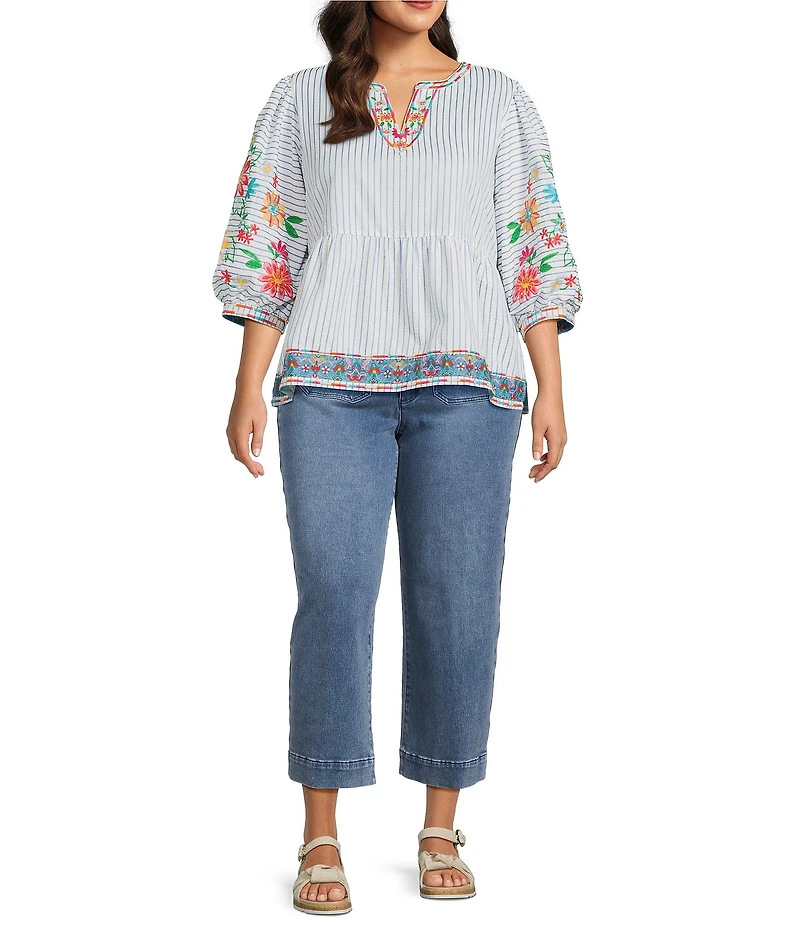 John Mark Plus Size Embroidered Floral Stripe Split V-Neck 3/4 Sleeve Top