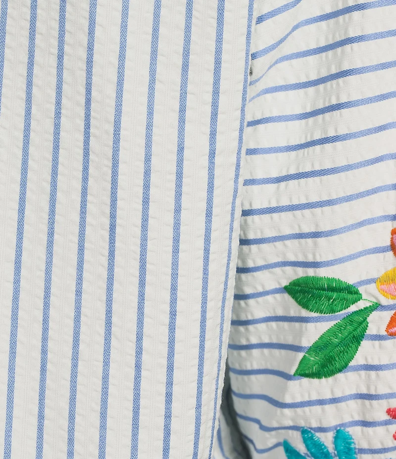 John Mark Plus Size Embroidered Floral Stripe Split V-Neck 3/4 Sleeve Top