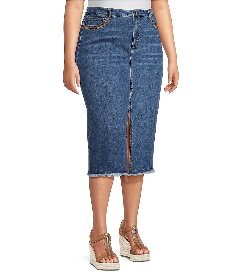 John Mark Plus Size Embroidered Front Slit Midi Denim Skirt