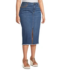 John Mark Plus Size Embroidered Front Slit Midi Denim Skirt