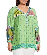 John Mark Plus Size Embroidered Mix Print Split V-Neck Long Raglan Sleeve Tunic