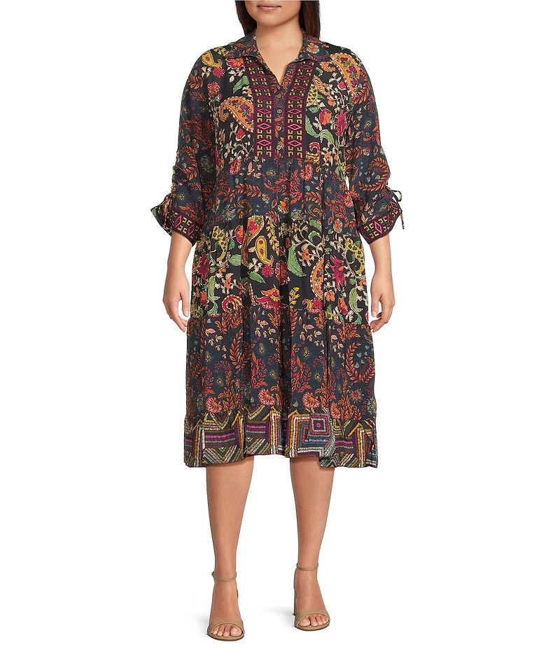 John Mark Plus Size Embroidered Mixed Print Collared Y-Neck 3/4 Cinched Tie Sleeve Tiered A-Line Midi Dress