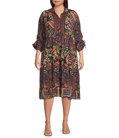 John Mark Plus Size Embroidered Mixed Print Collared Y-Neck 3/4 Cinched Tie Sleeve Tiered A-Line Midi Dress