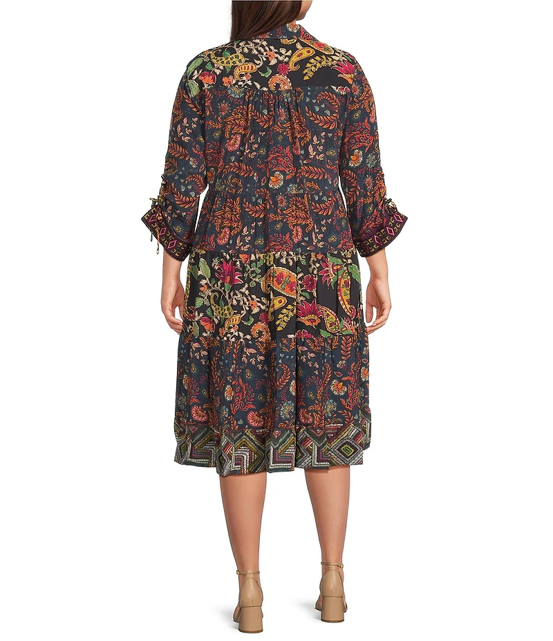 John Mark Plus Size Embroidered Mixed Print Collared Y-Neck 3/4 Cinched Tie Sleeve Tiered A-Line Midi Dress