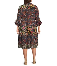 John Mark Plus Size Embroidered Mixed Print Collared Y-Neck 3/4 Cinched Tie Sleeve Tiered A-Line Midi Dress