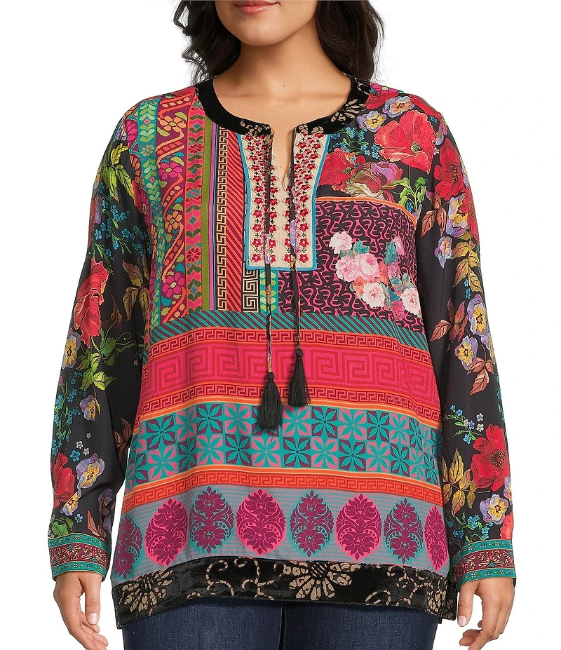 John Mark Plus Size Embroidered Mixed Print Split V-Neck Long Roll-Tab Sleeve Tassel Tie Tunic