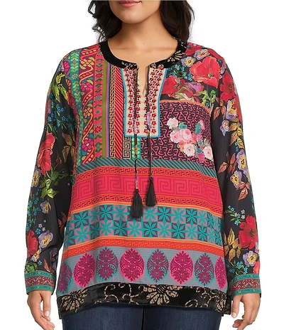 John Mark Plus Size Embroidered Mixed Print Split V-Neck Long Roll-Tab Sleeve Tassel Tie Tunic