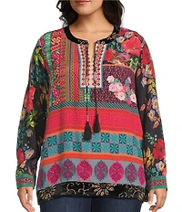 John Mark Plus Size Embroidered Mixed Print Split V-Neck Long Roll-Tab Sleeve Tassel Tie Tunic