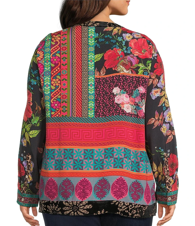 John Mark Plus Size Embroidered Mixed Print Split V-Neck Long Roll-Tab Sleeve Tassel Tie Tunic