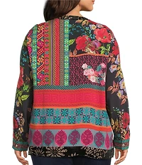 John Mark Plus Size Embroidered Mixed Print Split V-Neck Long Roll-Tab Sleeve Tassel Tie Tunic