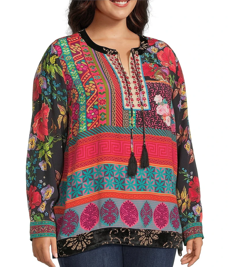 John Mark Plus Size Embroidered Mixed Print Split V-Neck Long Roll-Tab Sleeve Tassel Tie Tunic