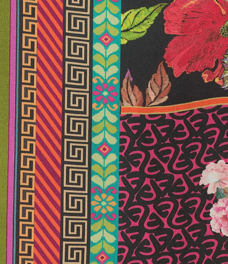 John Mark Plus Size Embroidered Mixed Print Split V-Neck Long Roll-Tab Sleeve Tassel Tie Tunic