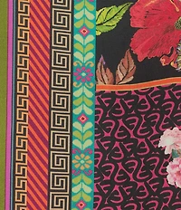 John Mark Plus Size Embroidered Mixed Print Split V-Neck Long Roll-Tab Sleeve Tassel Tie Tunic