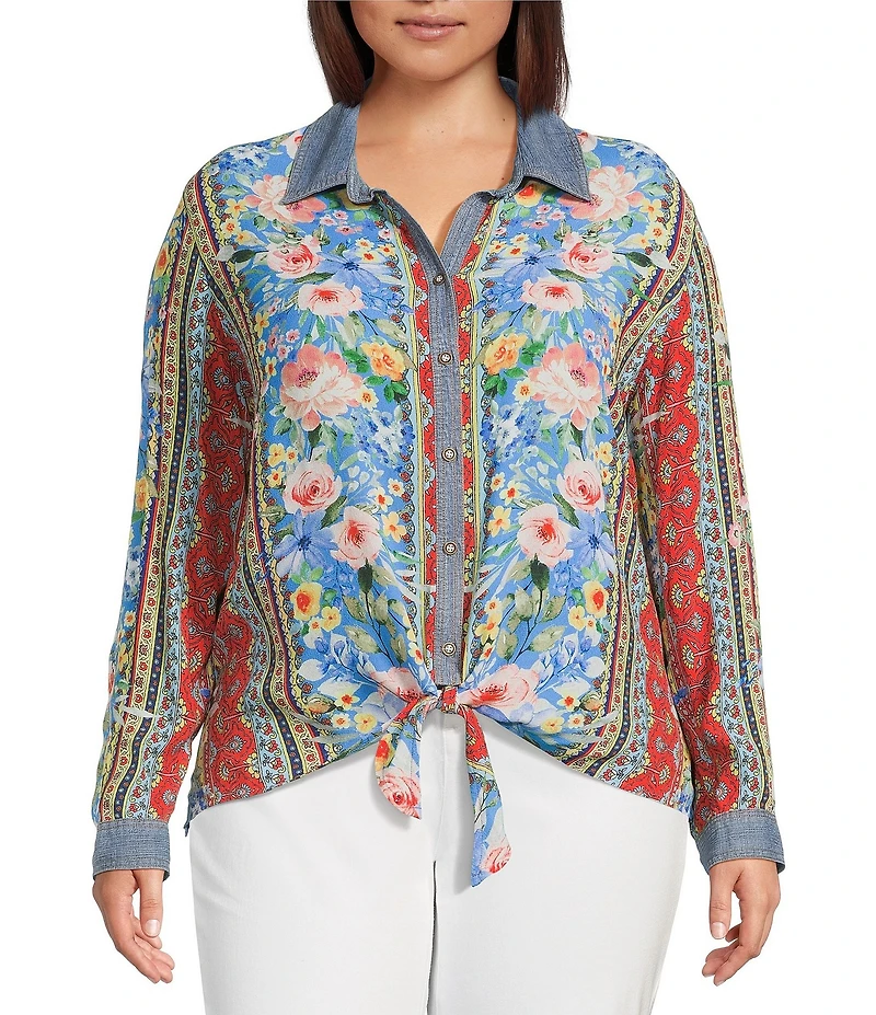 John Mark Plus Size Embroidered Multi Floral Point Collar Long Roll-Tab Sleeve Tie-Front Top