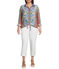 John Mark Plus Size Embroidered Multi Floral Point Collar Long Roll-Tab Sleeve Tie-Front Top