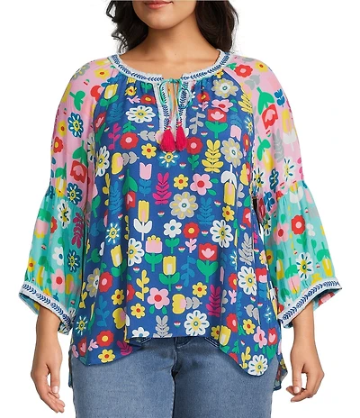 John Mark Plus Size Embroidered Multi Floral Split Round Neck 3/4 Sleeve Tassel Tie Tunic